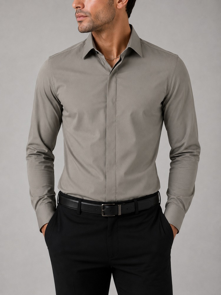 Men Stone Gray Slim Fit Hidden Button Shirt heroshoop Men-Stone-Gray-Slim-Fit-Hidden-Button-Shirt-heroshoop.jpg