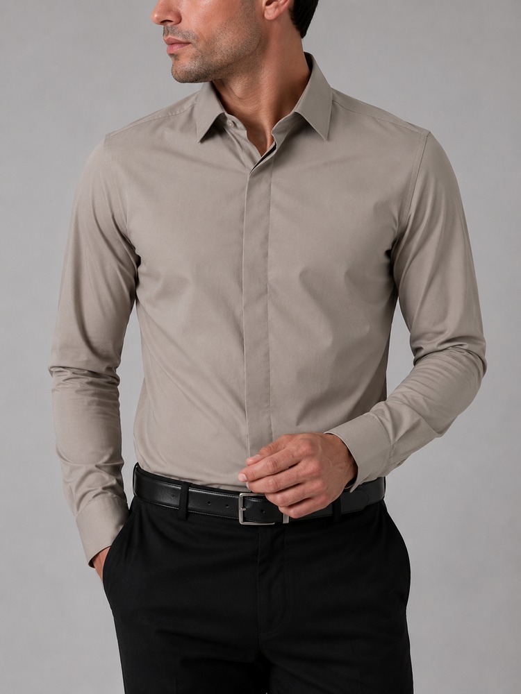 Men formal shirt beige-gray hidden button heroshoop پیراهن مردانه رسمی بژ طوسی دکمه مخفی - Image 1