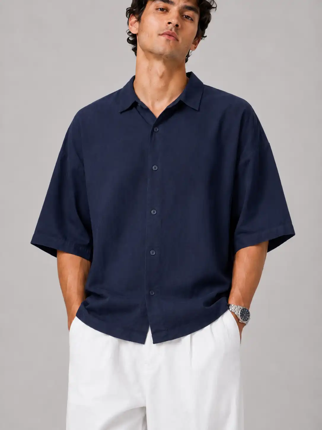 Men short-sleeved lyocell shirt navy blue heroshoop پیراهن لایوسل مردانه / استین کوتاه / رنگ سرمه ای - Image 1