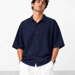Mens-Lyocell-Shirt-Short-sleeved-Navy-Blue-heroshoop.com-view1.webp