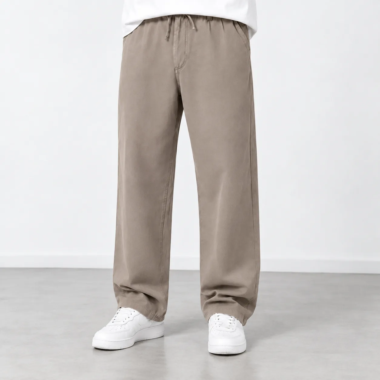 Natural Lyocell fabric semi-bag trousers Long length (108 cm) Solid cream color 1 heroshoop.com view1 Natural-Lyocell-fabric-semi-bag-trousers-Long-length-108-cm-Solid-cream-color-1-heroshoop.com-view1.webp