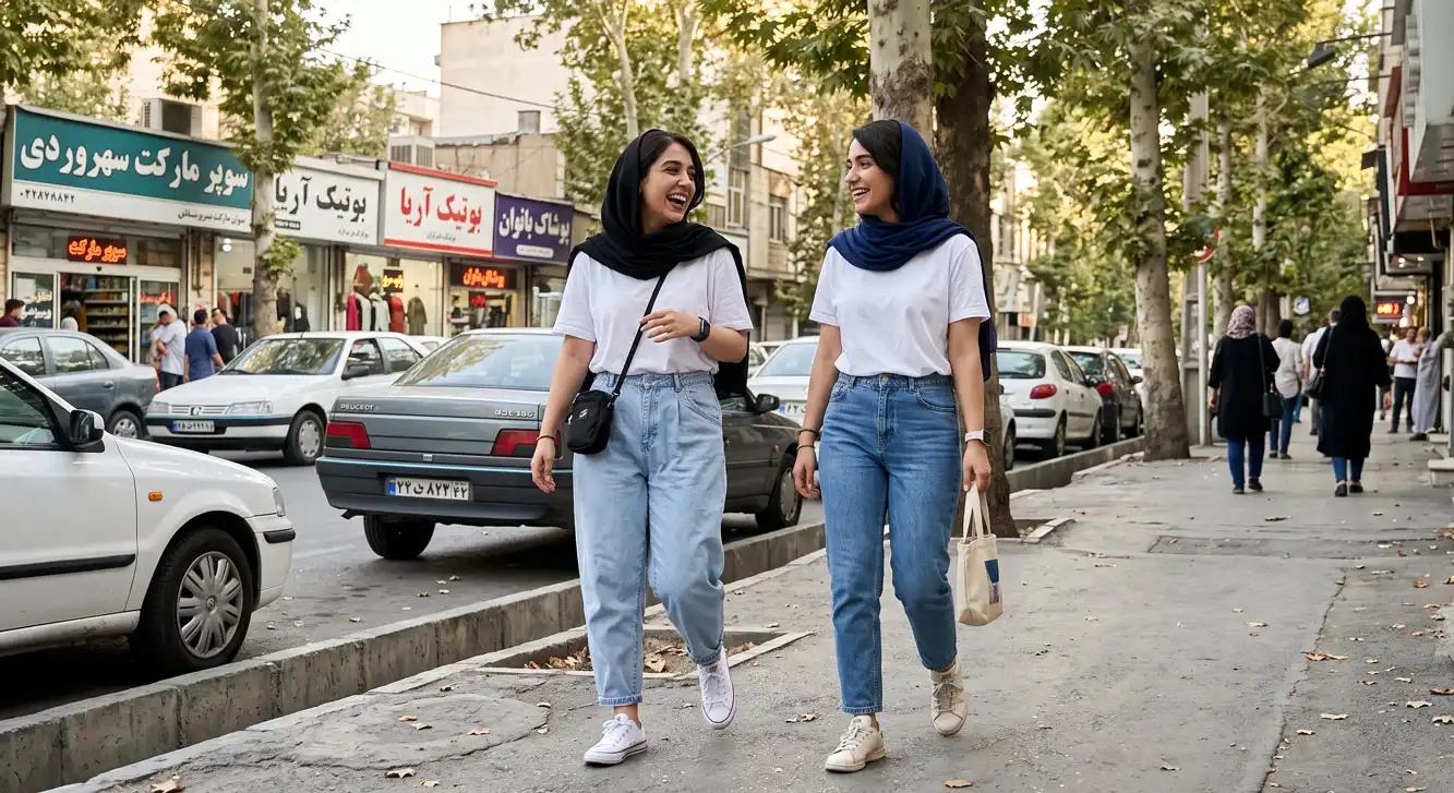 زن سمت چپ شلوار جین مام استایل با کمر بلند پوشیده است – بسیار گشاد در باسن و ران، با دمپای کمی مخروطی. زن سمت راست شلوار جین مام فیت با کمر بلند پوشیده است