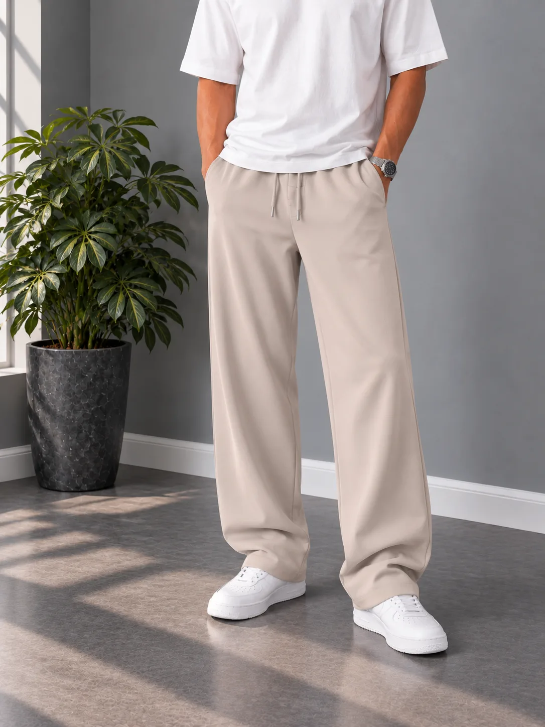 Natural Lyocell Semi-Baggy Fit Trousers Length 110 Khaki heroshoop.com view1 Natural-Lyocell-Semi-Baggy-Fit-Trousers-Length-110-Khaki-heroshoop.com-view1.webp