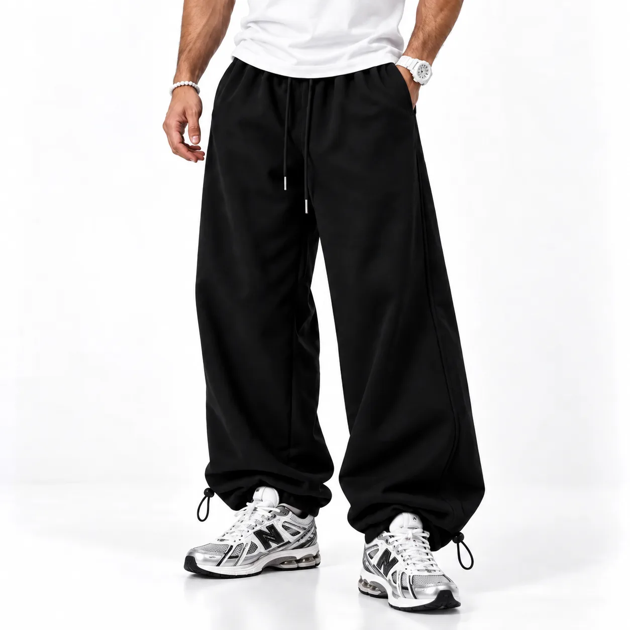 Baggy Joggers 3-thread cotton French terry Length 110 cm Elastic waistband Adjustable toggle cuffs Color Black Code 8001 www.heroshoop.com view 1 Baggy-Joggers-3-thread-cotton-French-terry-Length-110-cm-Elastic-waistband-Adjustable-toggle-cuffs-Color-Black-Code-8001-www.heroshoop.com-view-1.webp