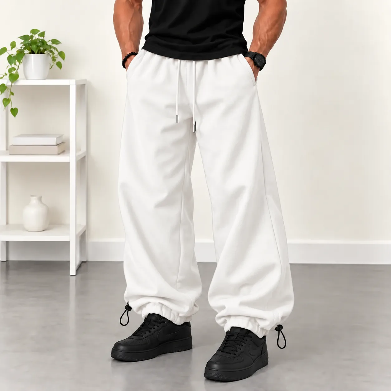 Baggy-style jogger pants Dual-mode cuffs (fitted or loose) 3-thread cotton French terry White With cord locks www.heroshoop.com view 1 Baggy-style-jogger-pants-Dual-mode-cuffs-fitted-or-loose-3-thread-cotton-French-terry-White-With-cord-locks-www.heroshoop.com-view-1.webp