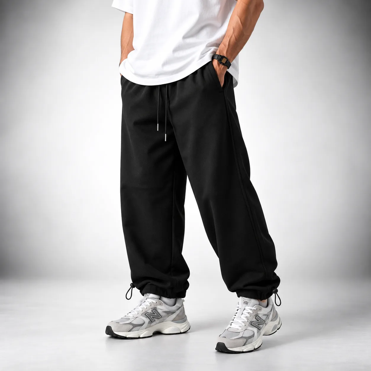 Baggy-style joggers 3-thread cotton French terry fabric Black Dual-style cuffs (fitted or loose) Code 8001 www.heroshoop.com view 1 Baggy-style-joggers-3-thread-cotton-French-terry-fabric-Black-Dual-style-cuffs-fitted-or-loose-Code-8001-www.heroshoop.com-view-1.webp