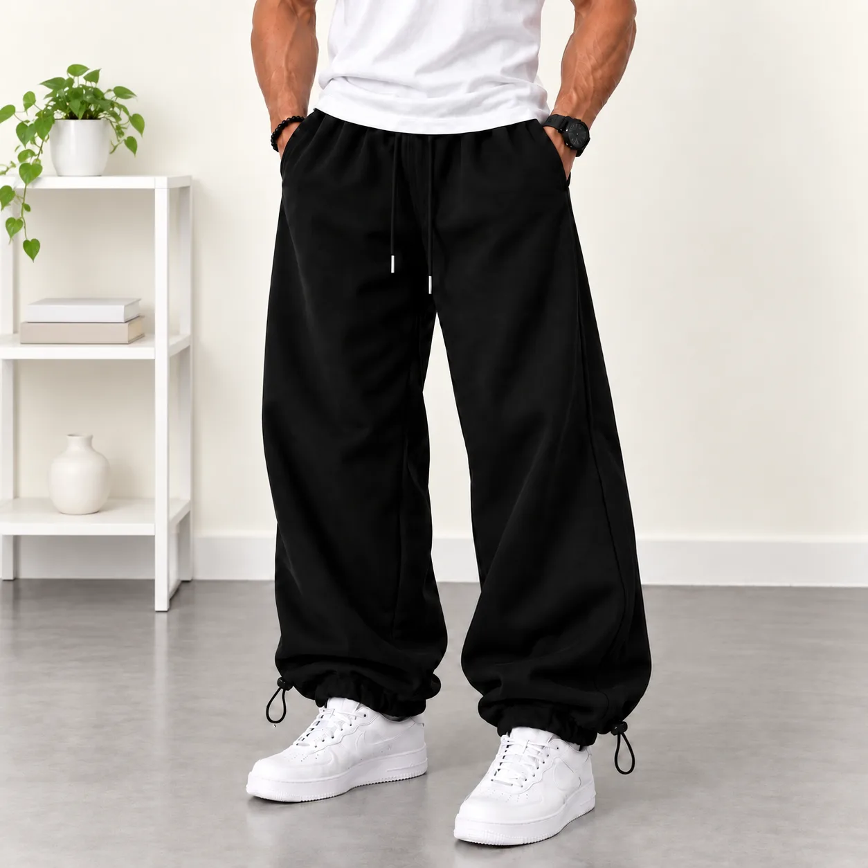 Baggy-style joggers Black Adjustable cuffs with toggles 3-thread fleece-lined cotton Code 8001 www.heroshoop.com view 1 Baggy-style-joggers-Black-Adjustable-cuffs-with-toggles-3-thread-fleece-lined-cotton-Code-8001-www.heroshoop.com-view-1.webp