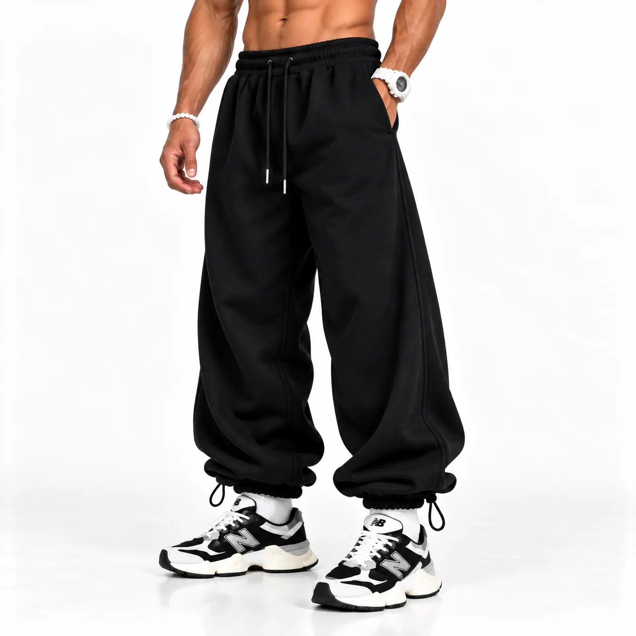 Baggy-style joggers Elastic waistband Adjustable cuffs with stoppers Black Code 8006 www.heroshoop.com View 1 Baggy-style-joggers-Elastic-waistband-Adjustable-cuffs-with-stoppers-Black-Code-8006-www.heroshoop.com-View-1.webp