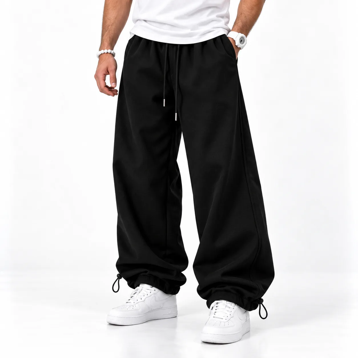 Black Baggy Joggers 3-thread cotton French terry with fleece lining Adjustable cuffs with toggle stoppers Code 8001 www.heroshoop.com view 1 Black-Baggy-Joggers-3-thread-cotton-French-terry-with-fleece-lining-Adjustable-cuffs-with-toggle-stoppers-Code-8001-www.heroshoop.com-view-1.webp