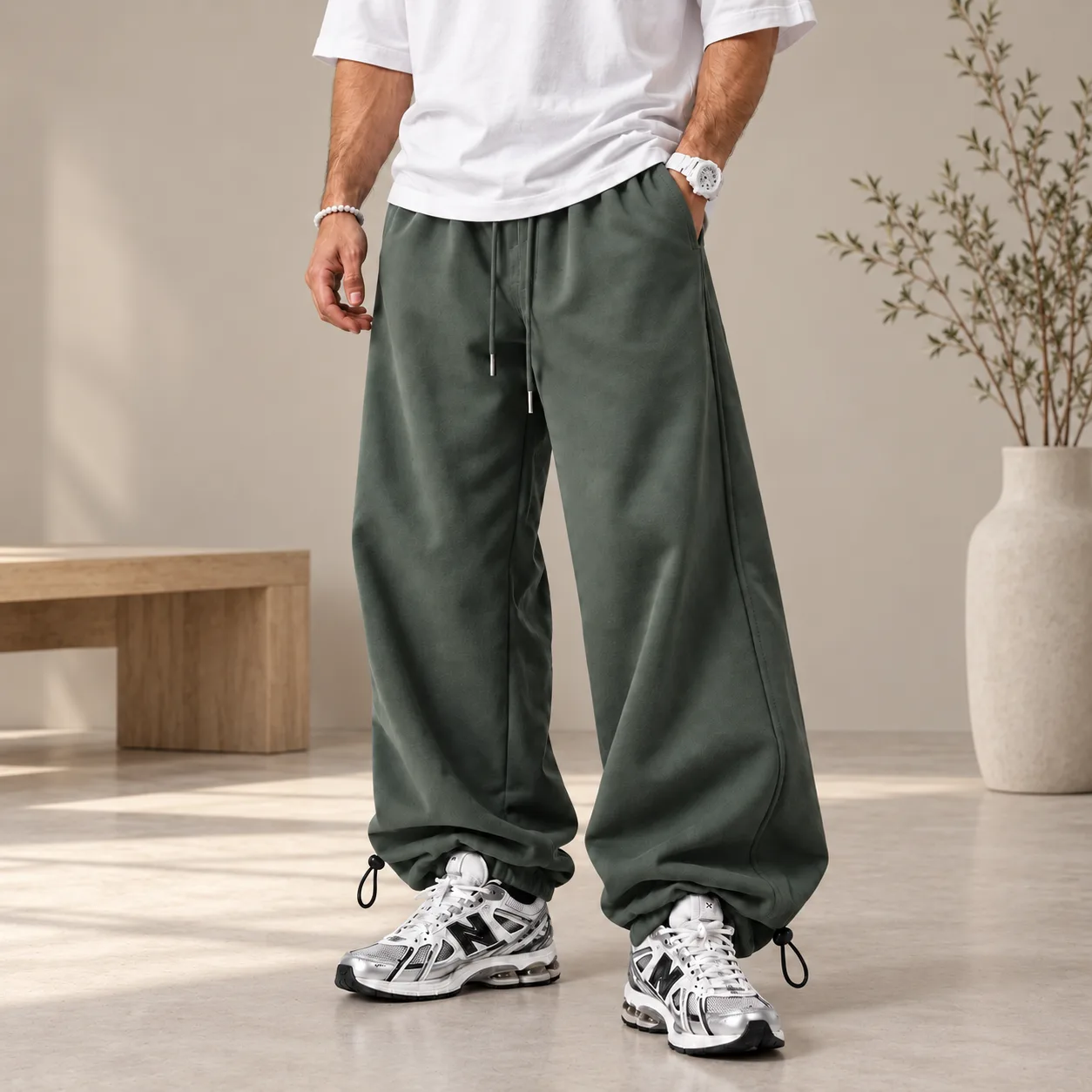 Green Sport Joggers Baggy Fit Premium 3-Thread Cotton French Terry Dual-Mode Adjustable Cuffs (with Stoppers) (Master-Grade Quality)_view1 شلوار اسلش جاگر اسپرت سبز / بگ / دورس پنبه 3 نخ درجه یک / دمپا استوپر 2حالته / (کیفیت در حد مستر) - تصویر 1