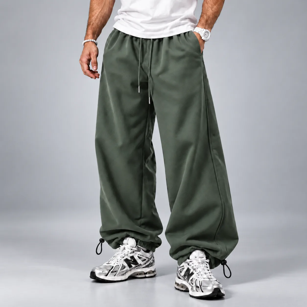 Green baggy joggers 3-thread cotton Adjustable cuffs (2-way style)_view1 شلوار اسلش جاگر سبز بگ / پنبه 3 نخ / دمپا 2 حالته - تصویر 1