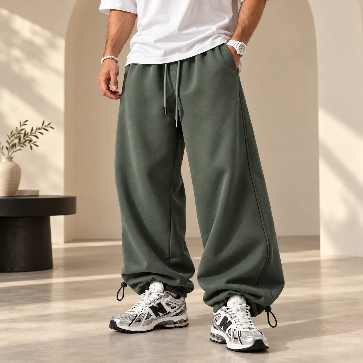 Green sporty joggers Baggy fit Premium 3-thread cotton French terry Dual-mode adjustable cuffs (with stoppers) Heavyweight fabric_view1 شلوار اسلش جاگر اسپرت سبز / بگ / دورس پنبه 3 نخ درجه یک / دمپا استوپر 2حالته / گرم بالا - تصویر 1