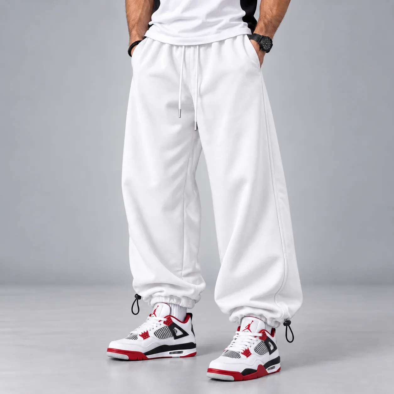White Baggy Joggers 3-Thread Cotton Adjustable Cuffs (2 Styles) www.heroshoop.com view 1 White-Baggy-Joggers-3-Thread-Cotton-Adjustable-Cuffs-2-Styles-www.heroshoop.com-view-1.webp