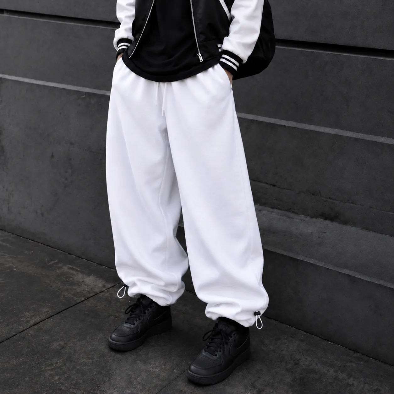 White Jogger Pants Baggy Fit 3-Thread Cotton Toggle-Adjustable Cuffs (Master-Grade Quality) www.heroshoop.com view 1 White-Jogger-Pants-Baggy-Fit-3-Thread-Cotton-Toggle-Adjustable-Cuffs-Master-Grade-Quality-www.heroshoop.com-view-1.webp
